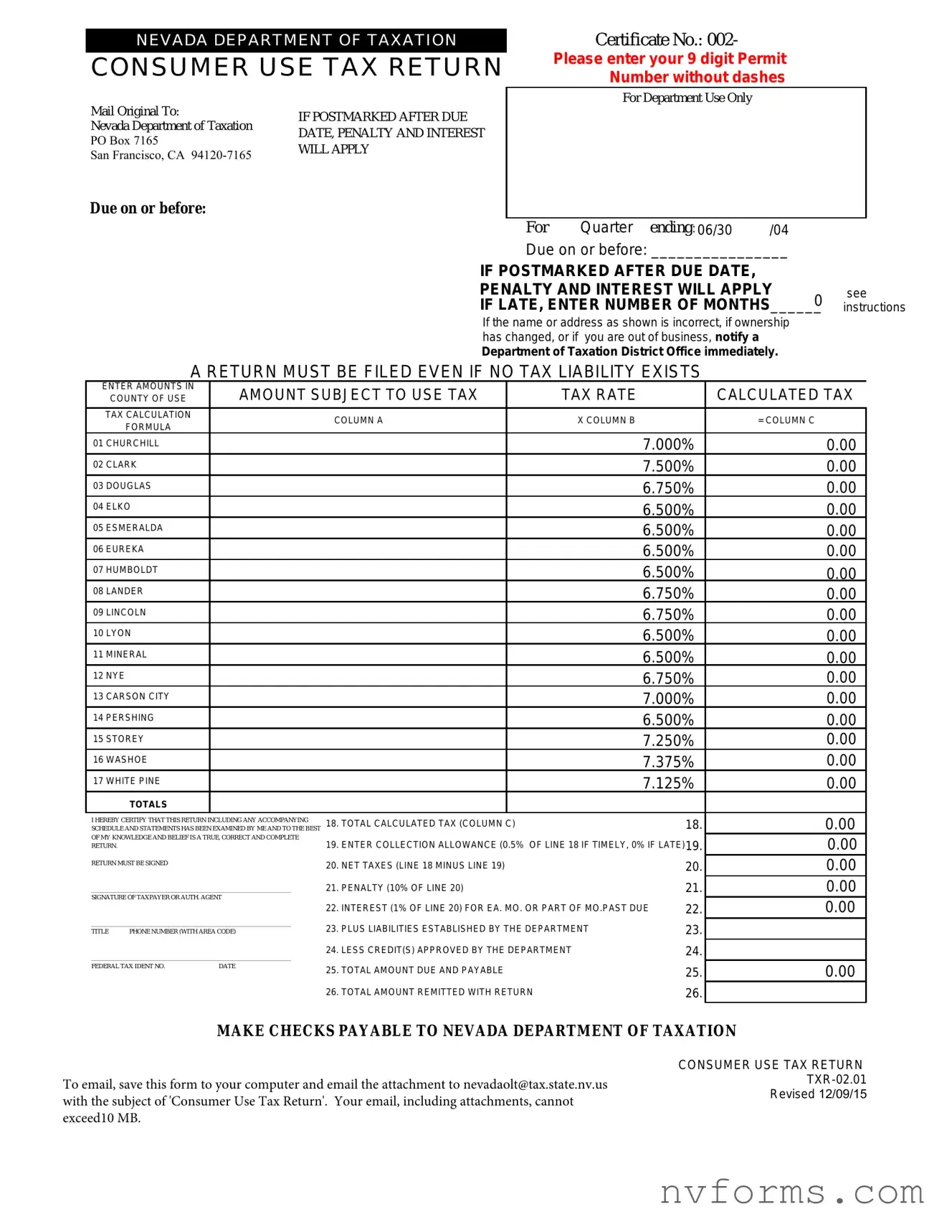 Fill Out a Valid Consumer Use Tax Return Nevada Template