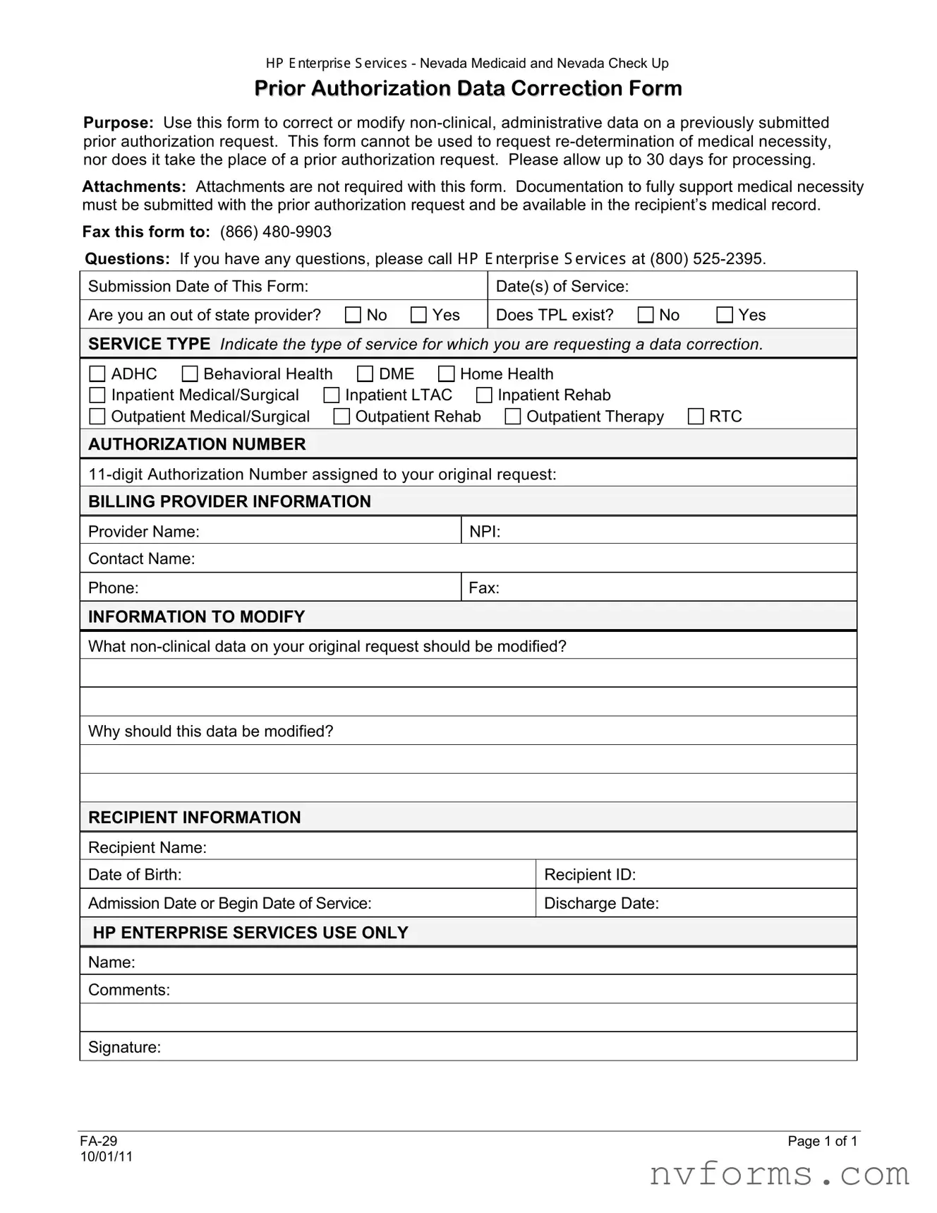 Fill Out a Valid Fa 29 Nevada Template