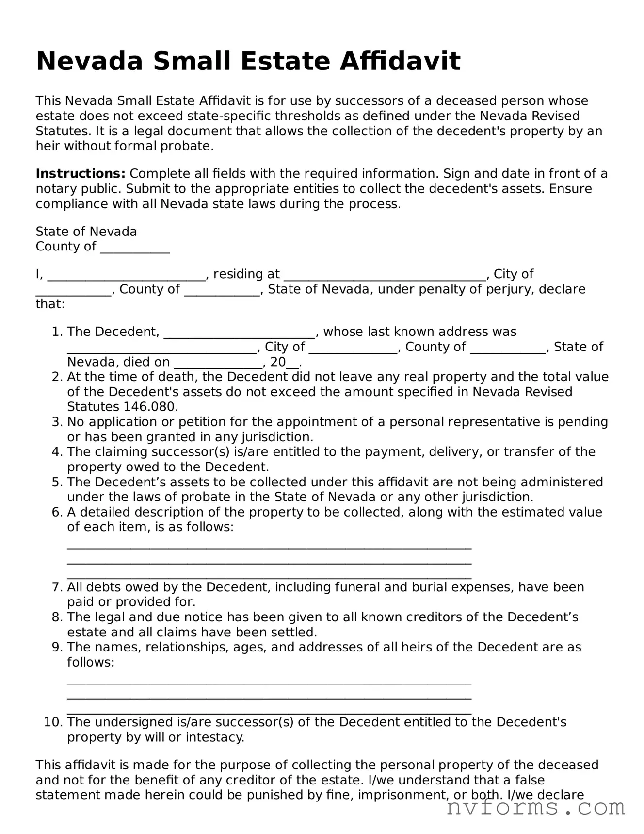Free  Small Estate Affidavit Form for Nevada