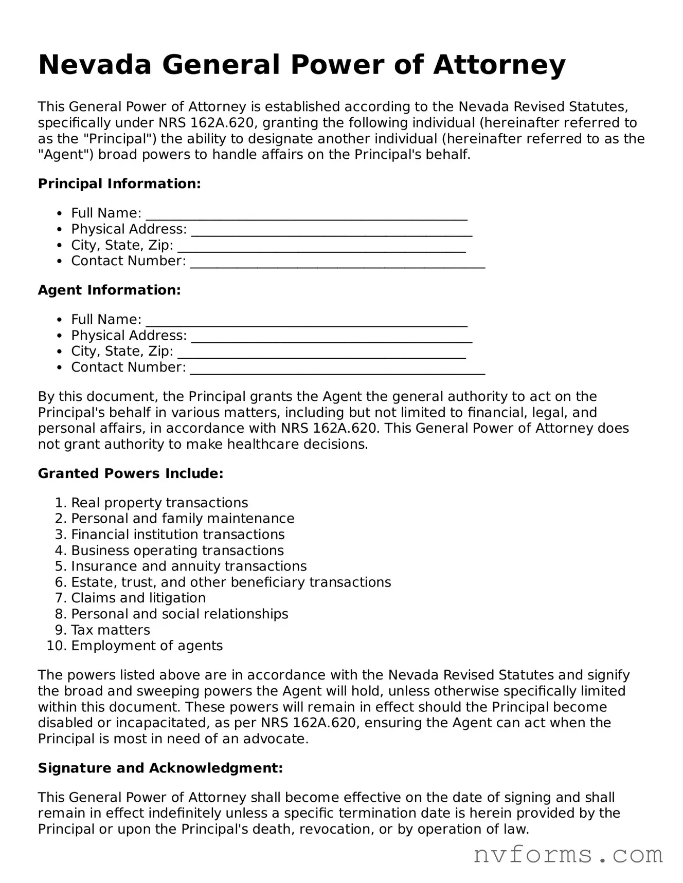 Free  General Power of Attorney Form for Nevada