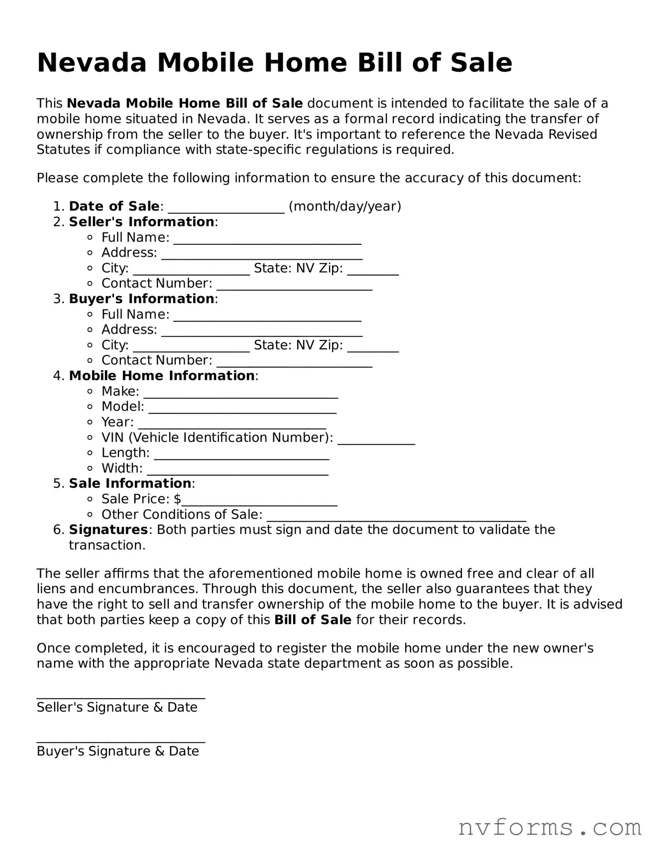 Free  Mobile Home Bill of Sale Form for Nevada