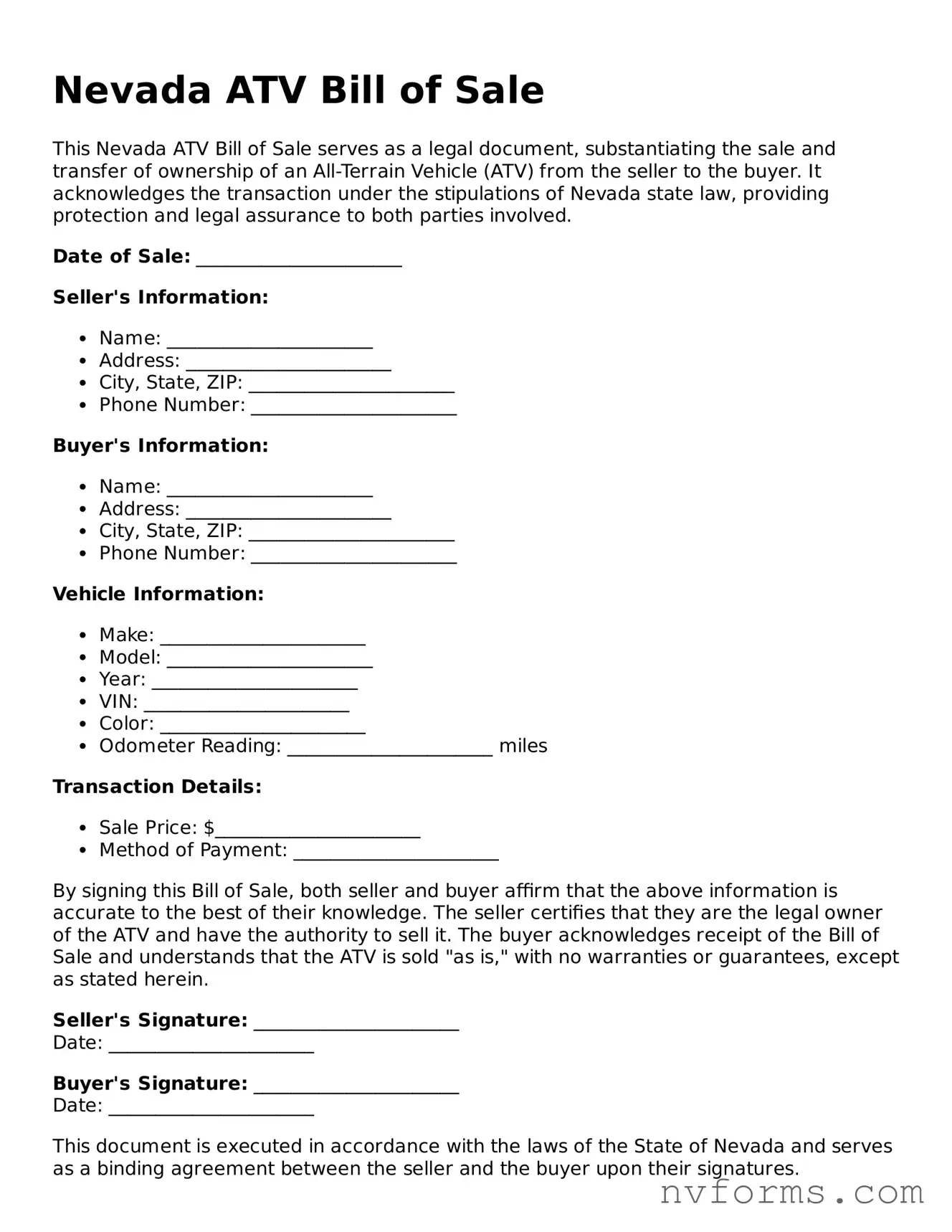 Free  ATV Bill of Sale Form for Nevada