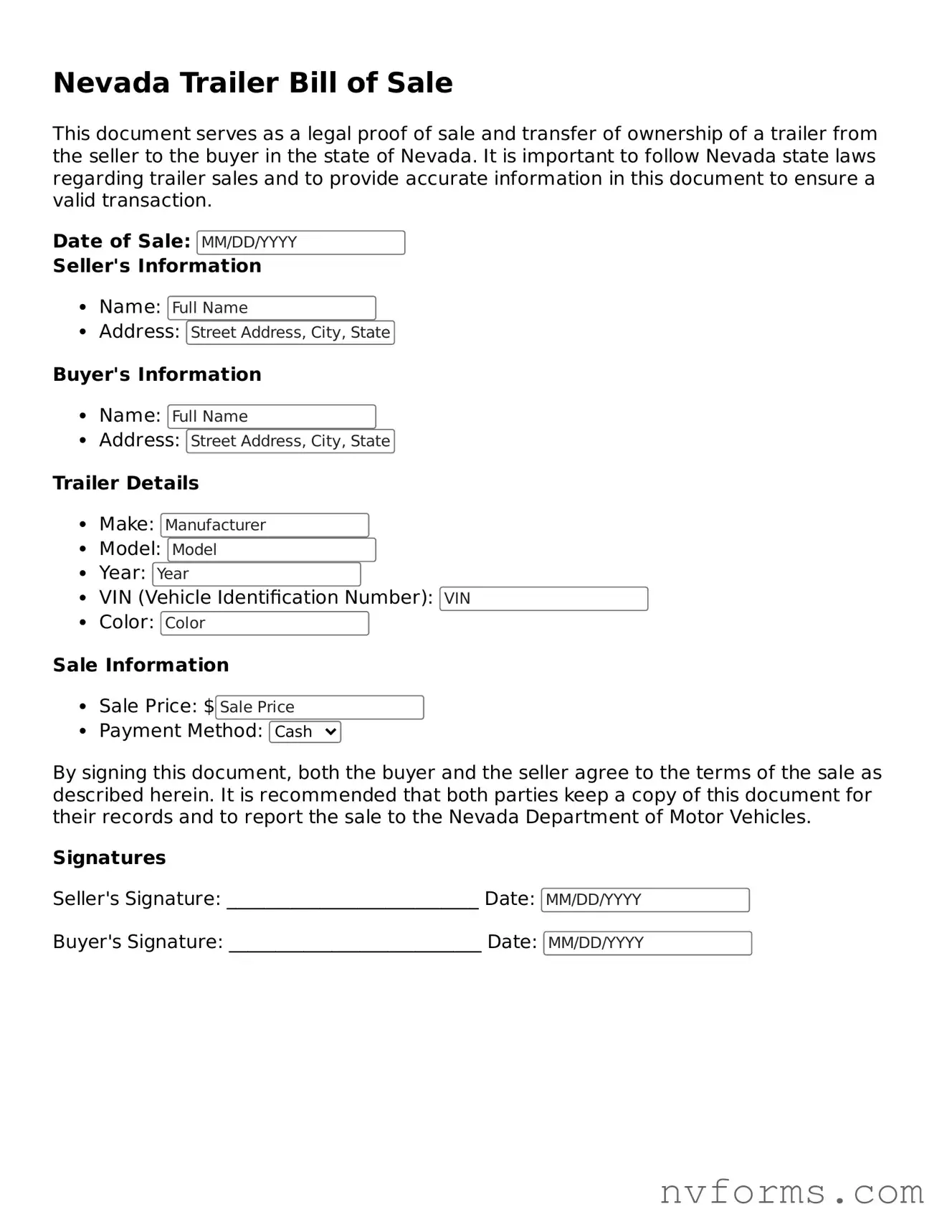 Free  Trailer Bill of Sale Form for Nevada
