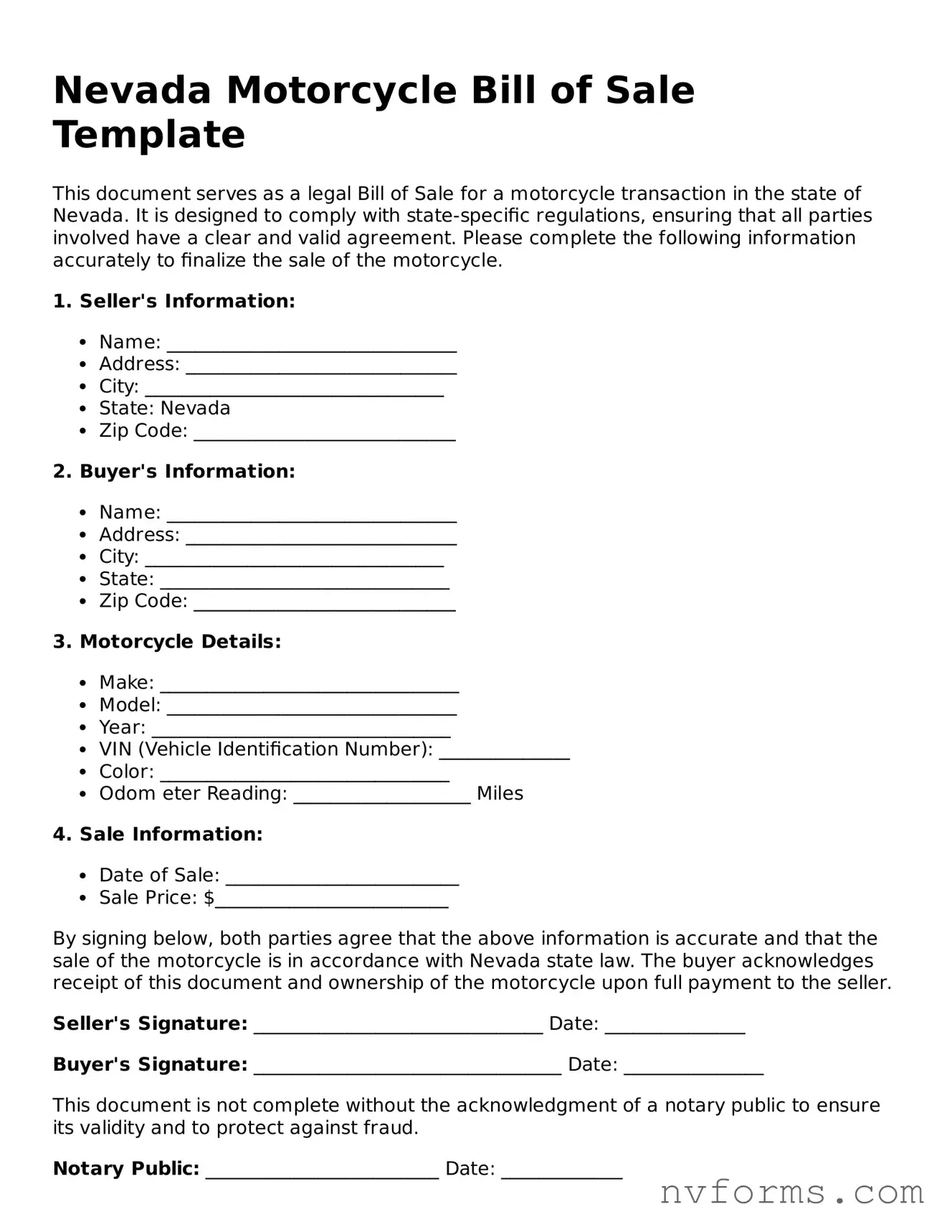 Free  Motorcycle Bill of Sale Form for Nevada