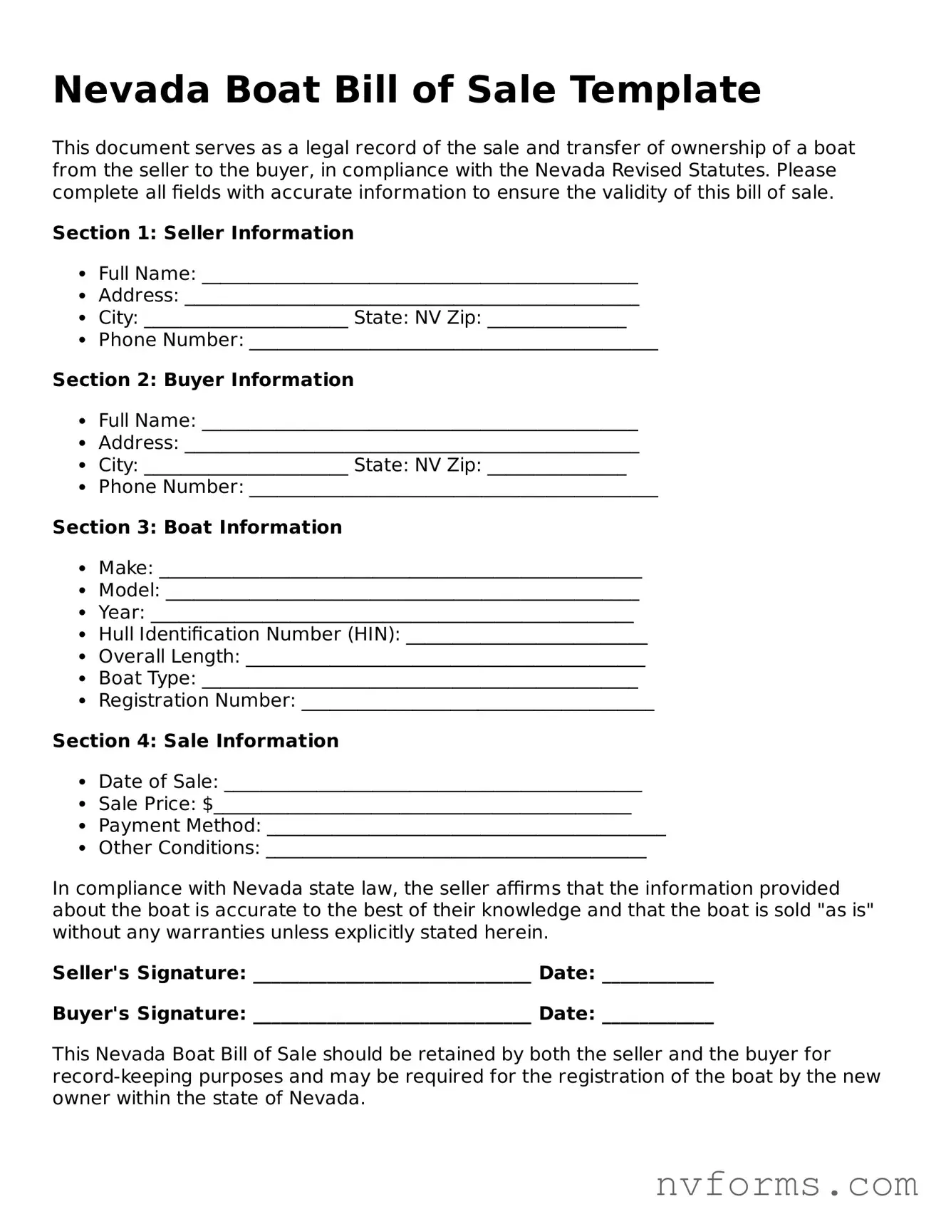 Free  Boat Bill of Sale Form for Nevada
