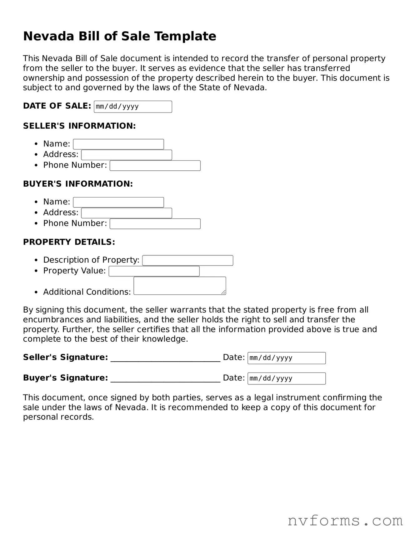 Free  Bill of Sale Form for Nevada