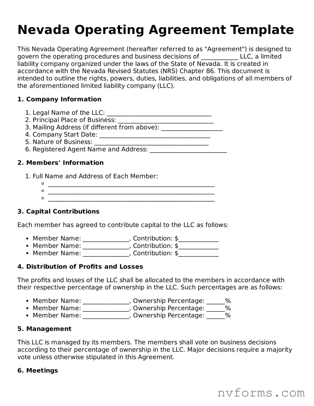 Free  Operating Agreement Form for Nevada
