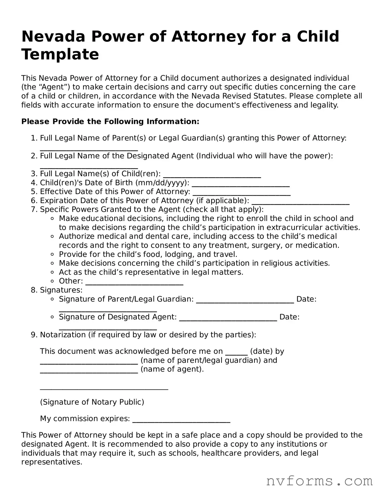 Free  Power of Attorney for a Child Form for Nevada