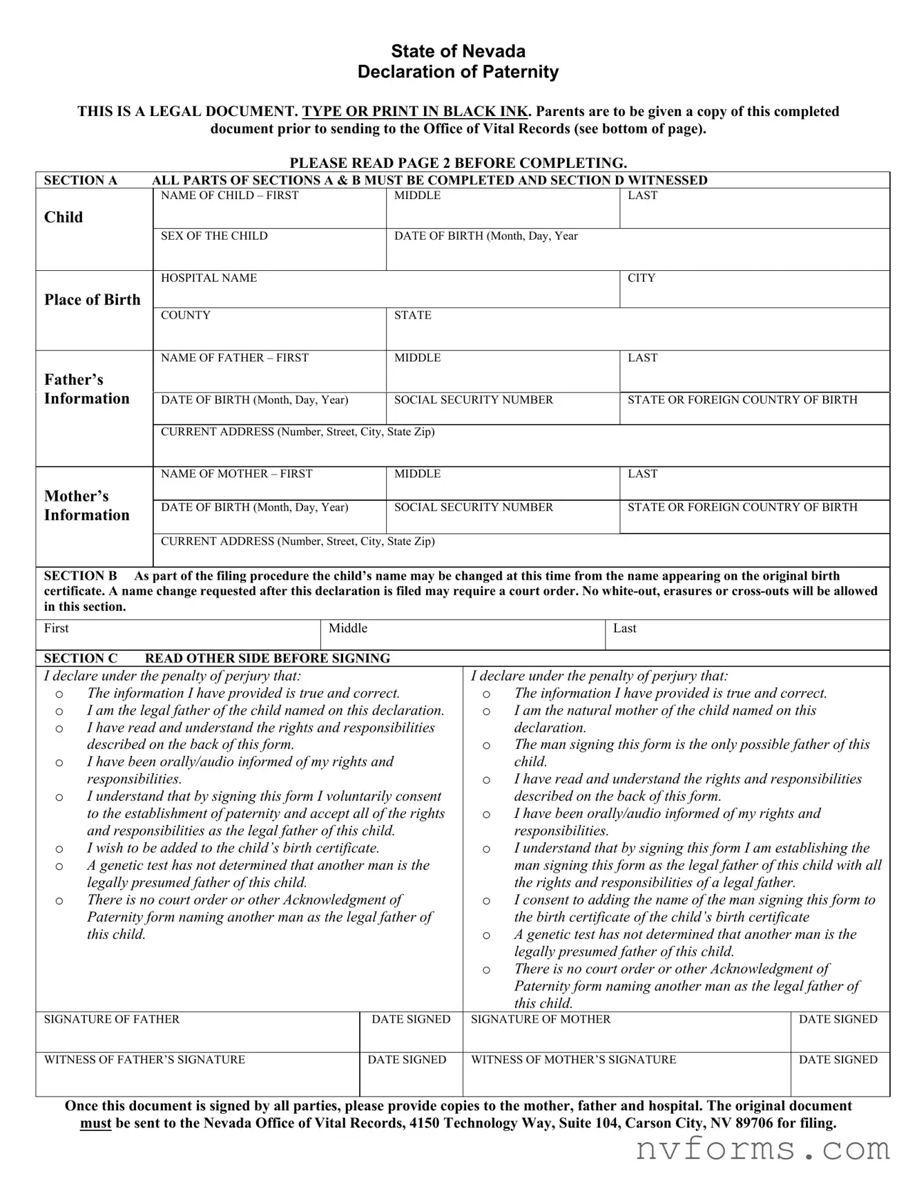 Fill Out a Valid Nevada Declaration Of Paternity Template