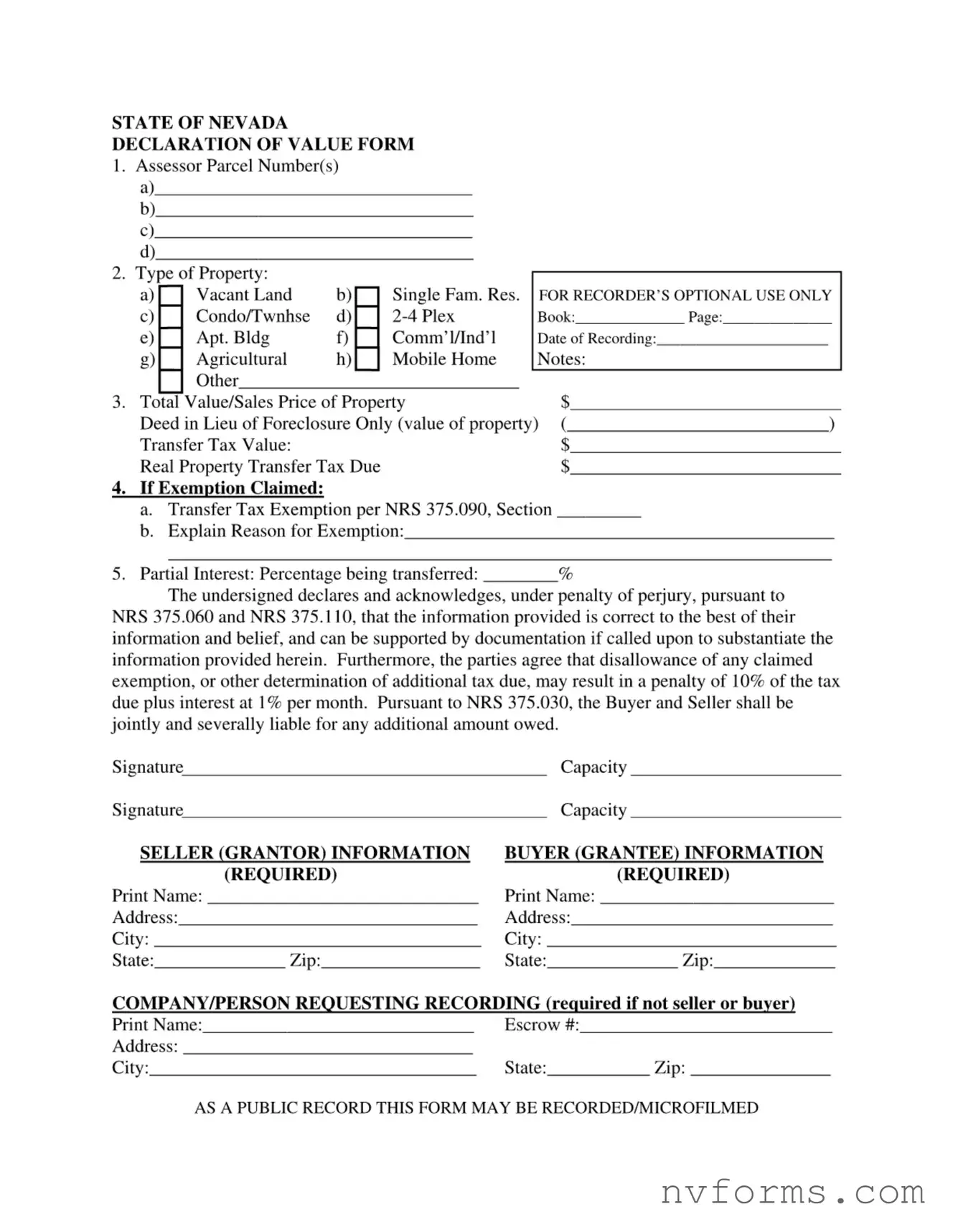 Fill Out a Valid Nevada Declaration Of Value Template