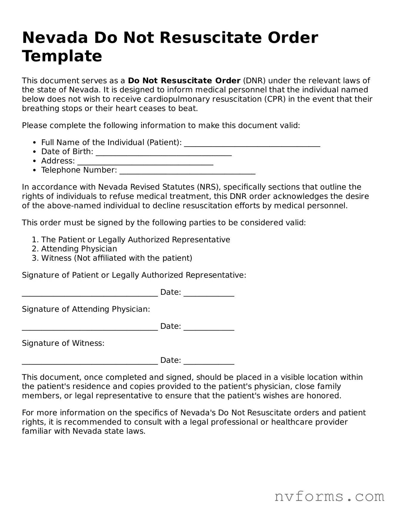 Free  Do Not Resuscitate Order Form for Nevada
