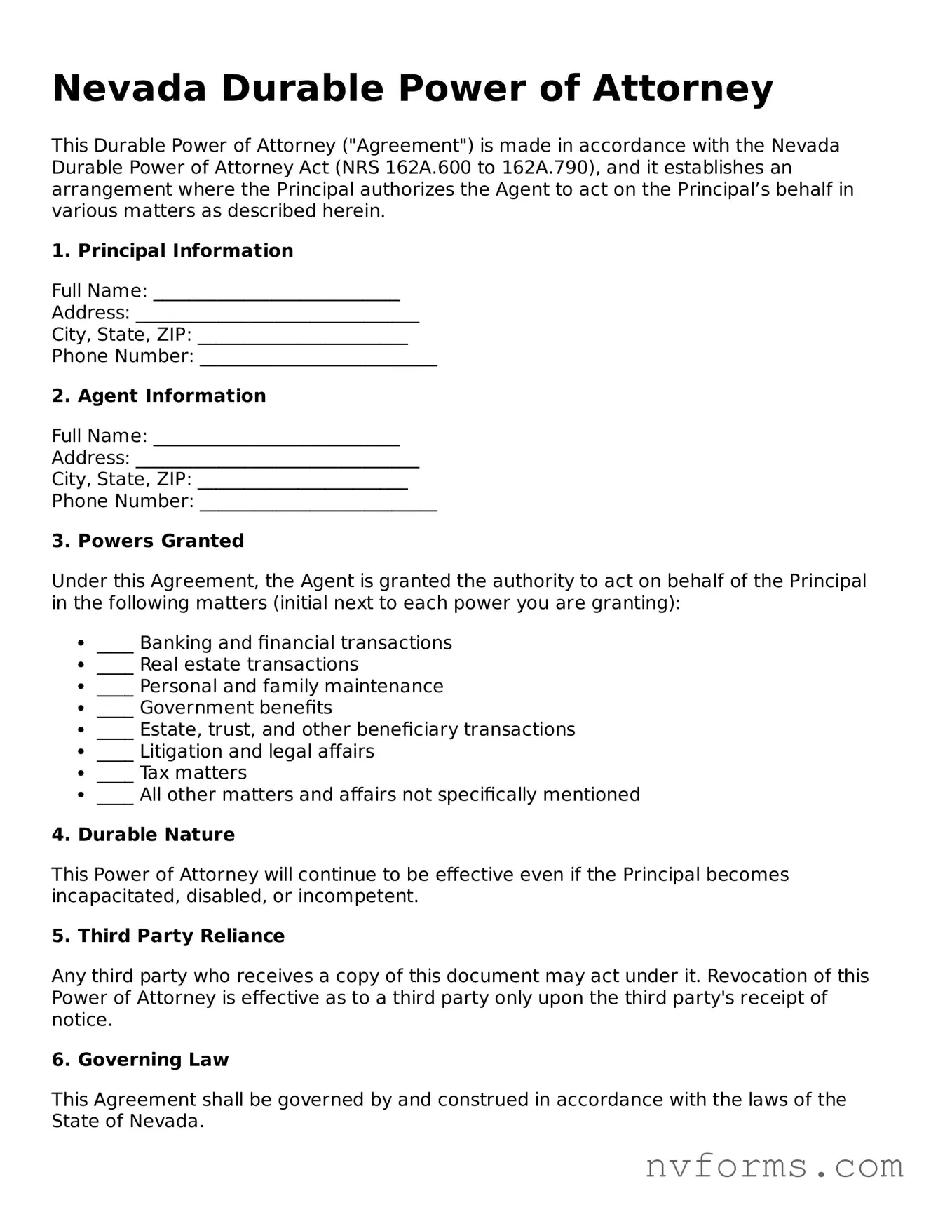 Free  Durable Power of Attorney Form for Nevada