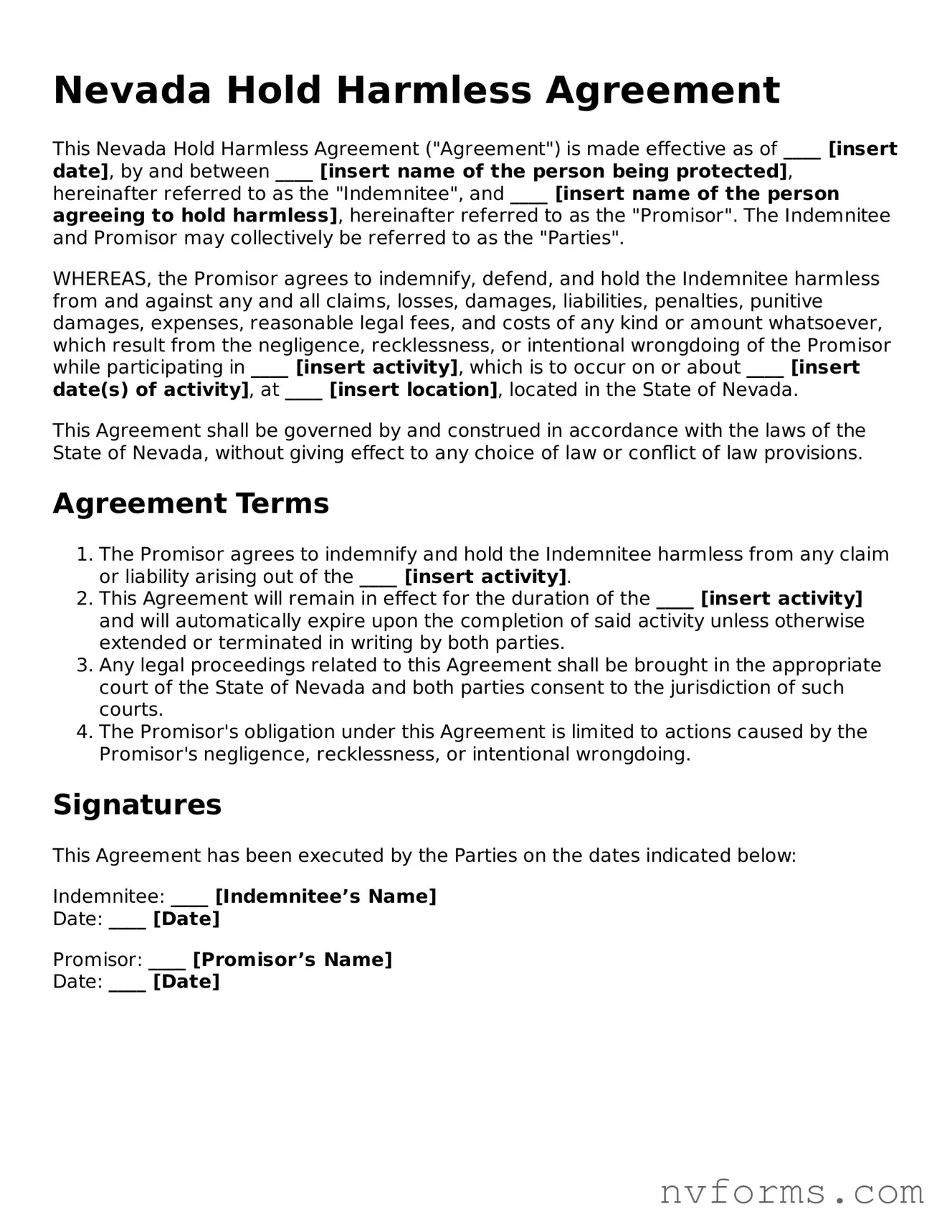 Free  Hold Harmless Agreement Form for Nevada