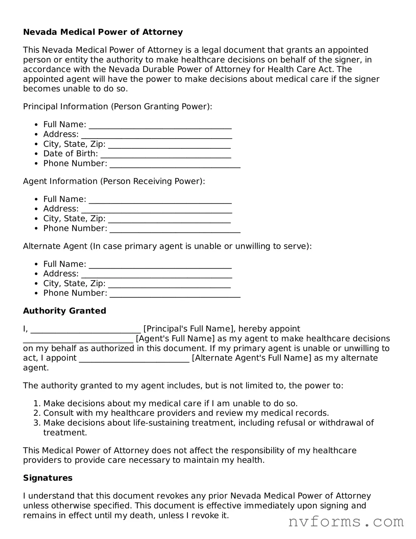 Free  Medical Power of Attorney Form for Nevada