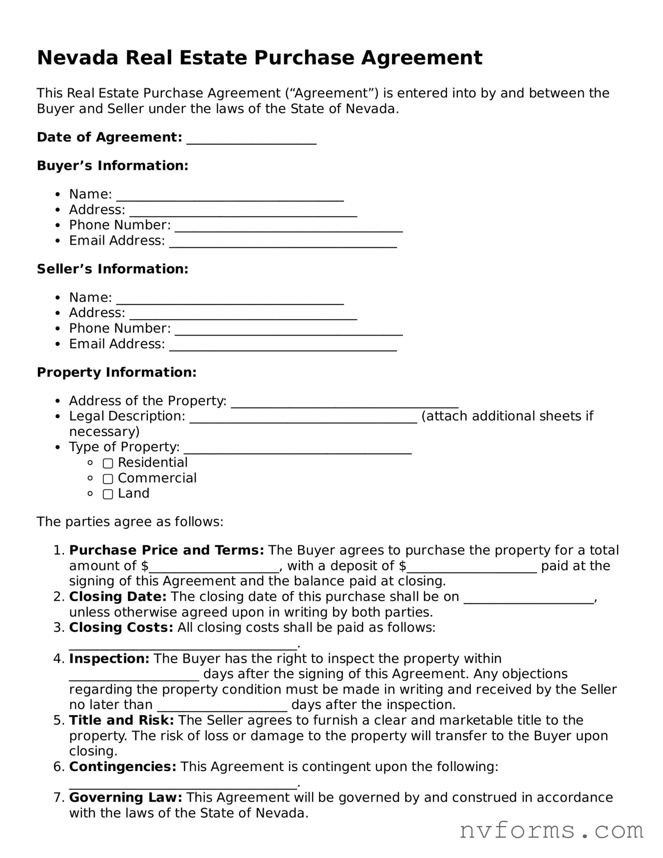 Free  Real Estate Purchase Agreement Form for Nevada