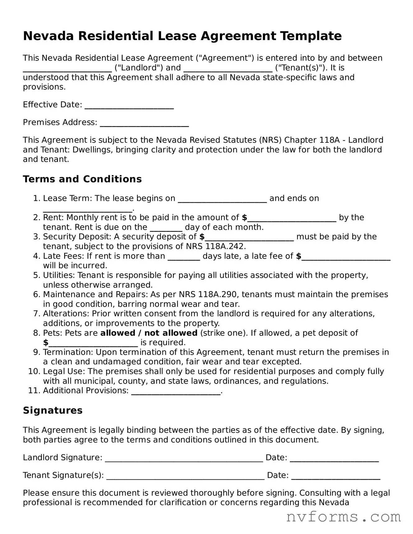 Free  Residential Lease Agreement Form for Nevada