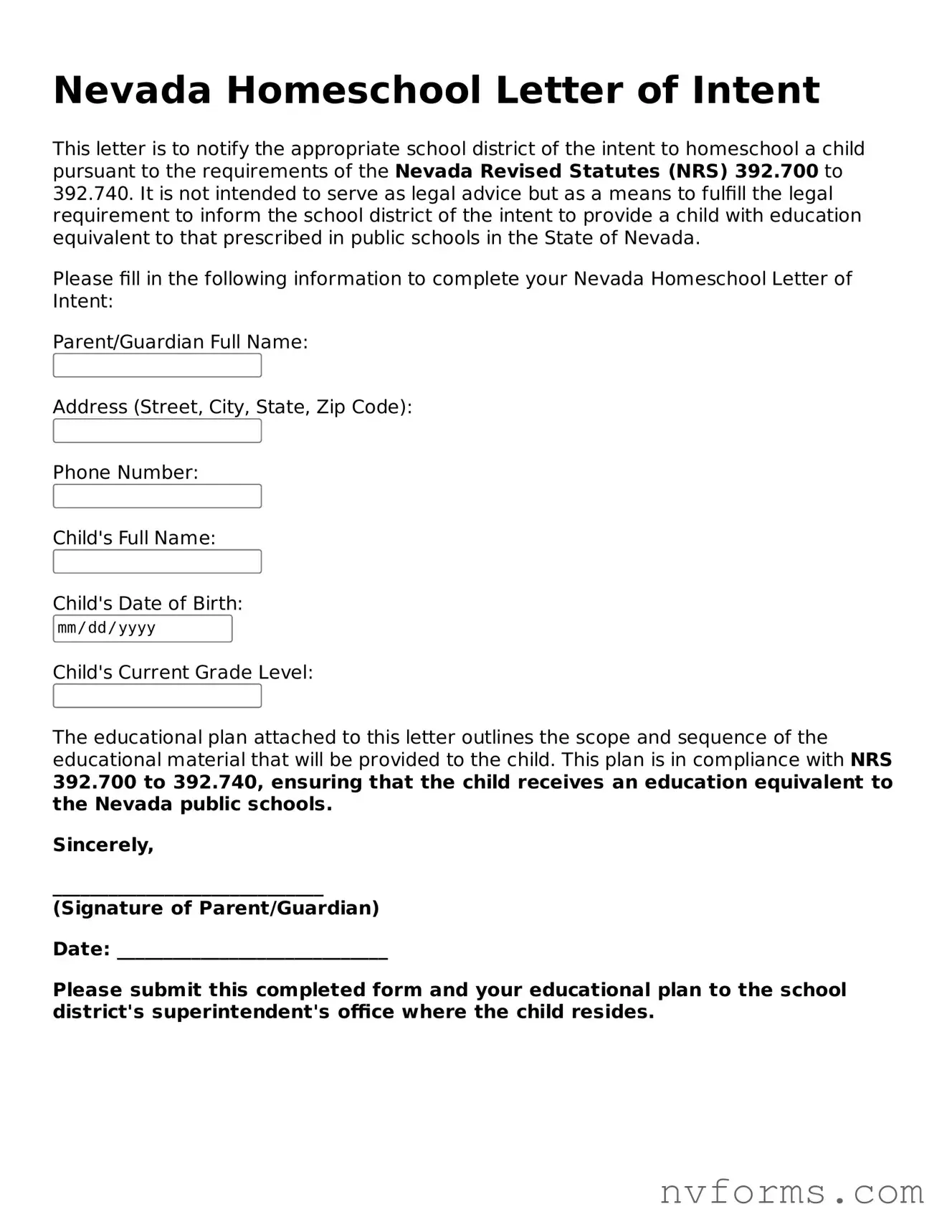Free  Homeschool Letter of Intent Form for Nevada
