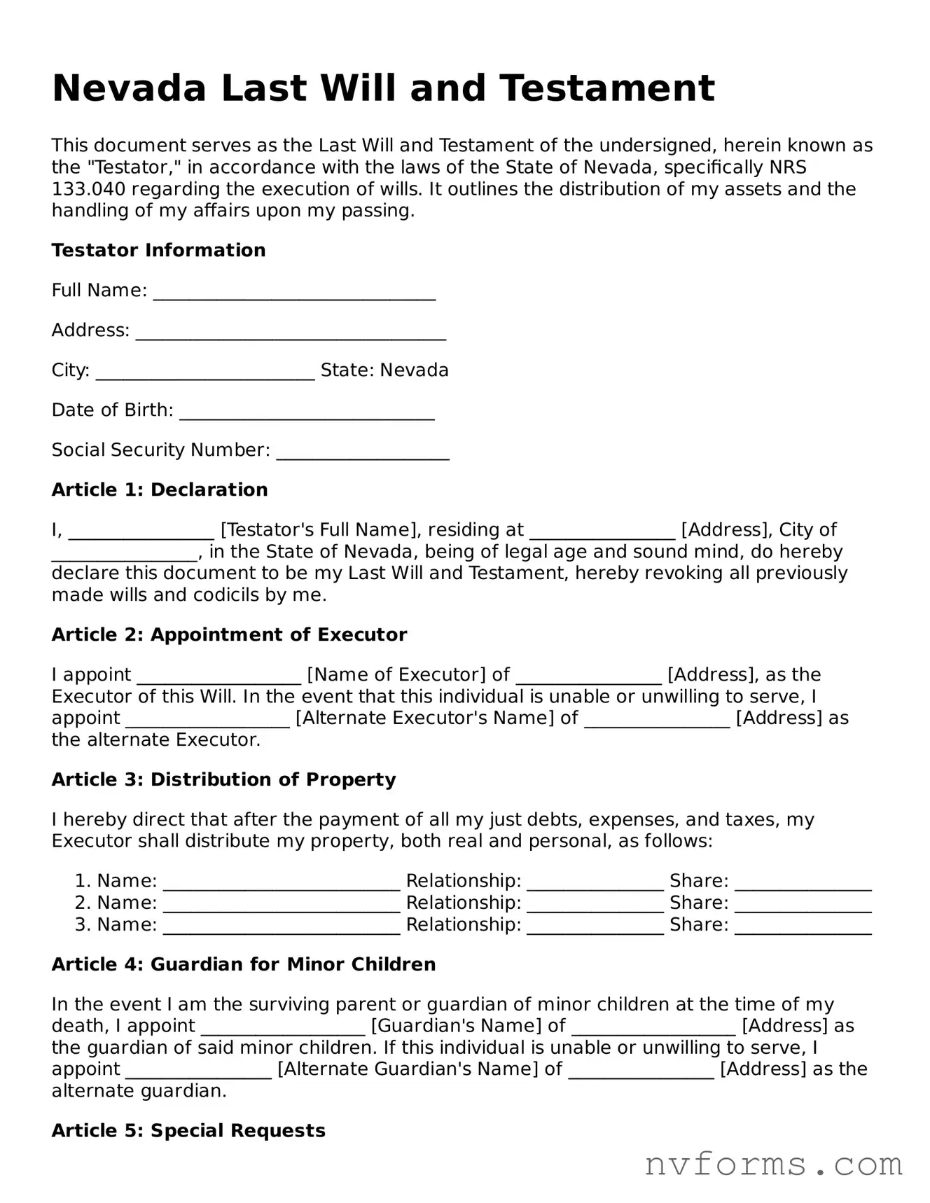 Free  Last Will and Testament Form for Nevada