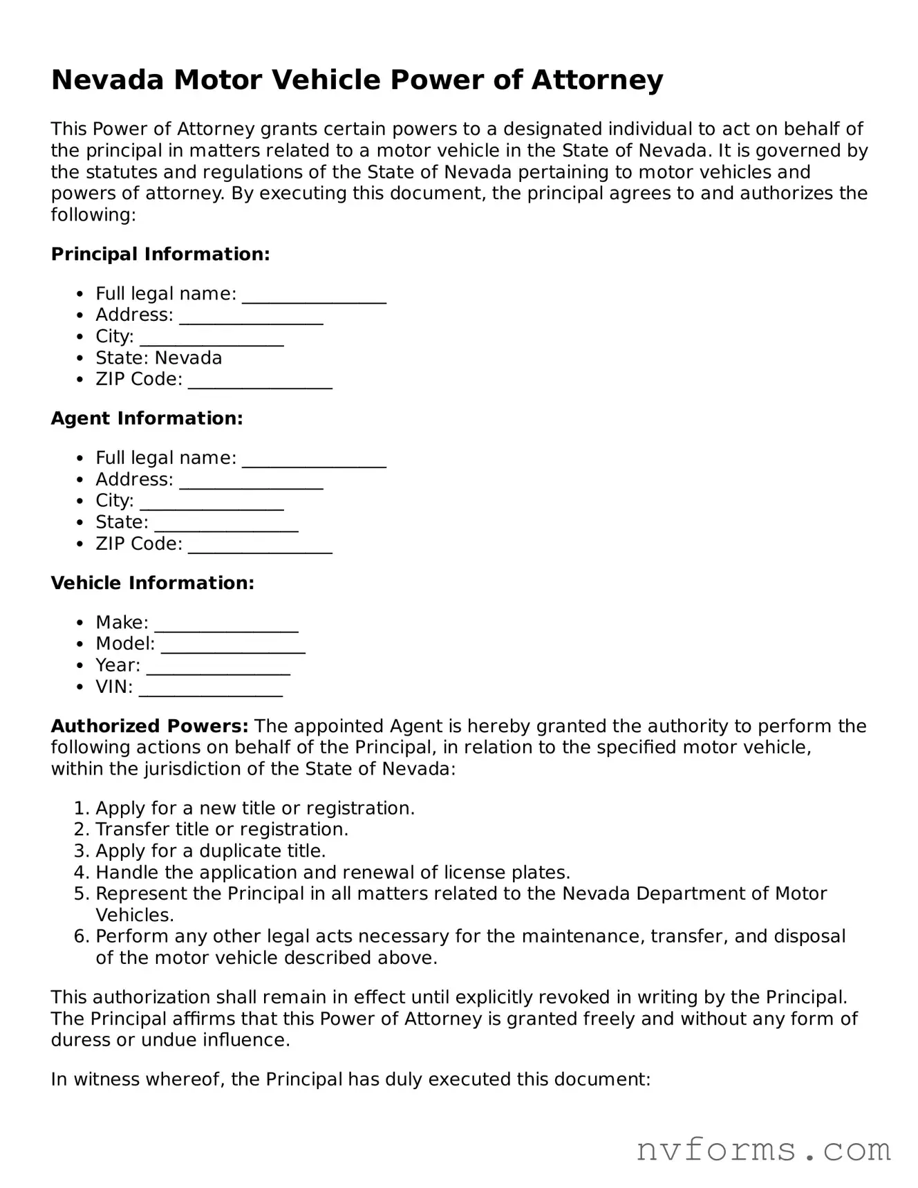 Free  Motor Vehicle Power of Attorney Form for Nevada