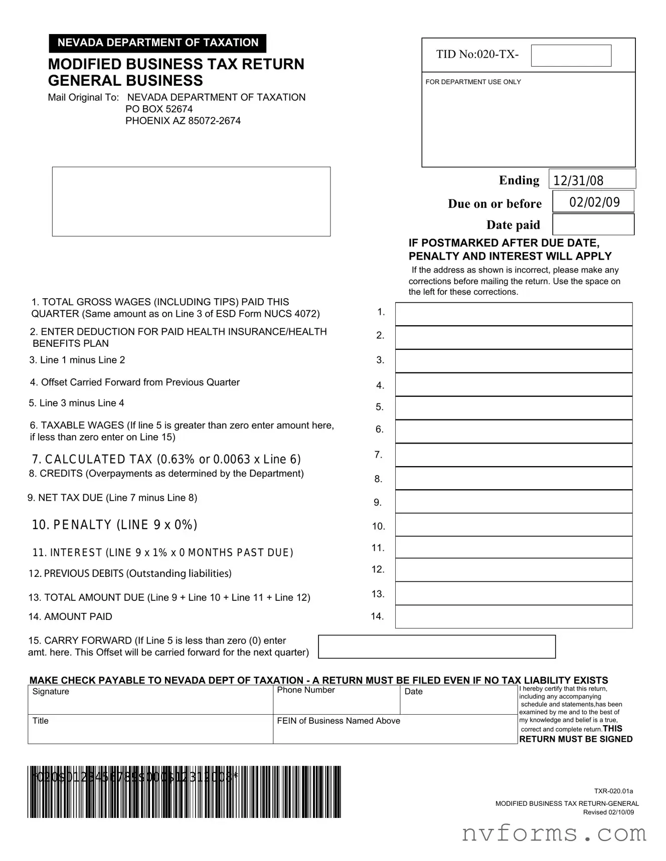 Fill Out a Valid Nevada Modified Tax Return Template