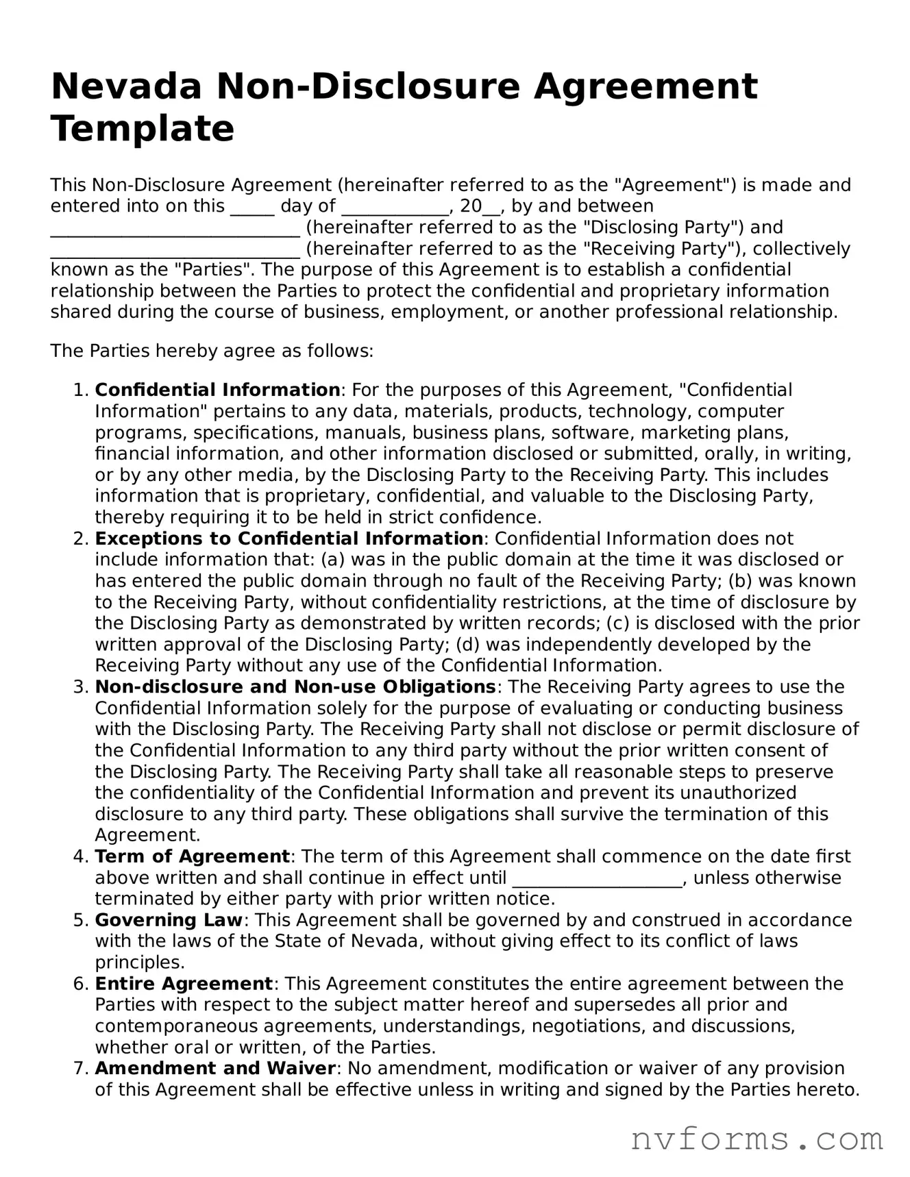 Free  Non-disclosure Agreement Form for Nevada