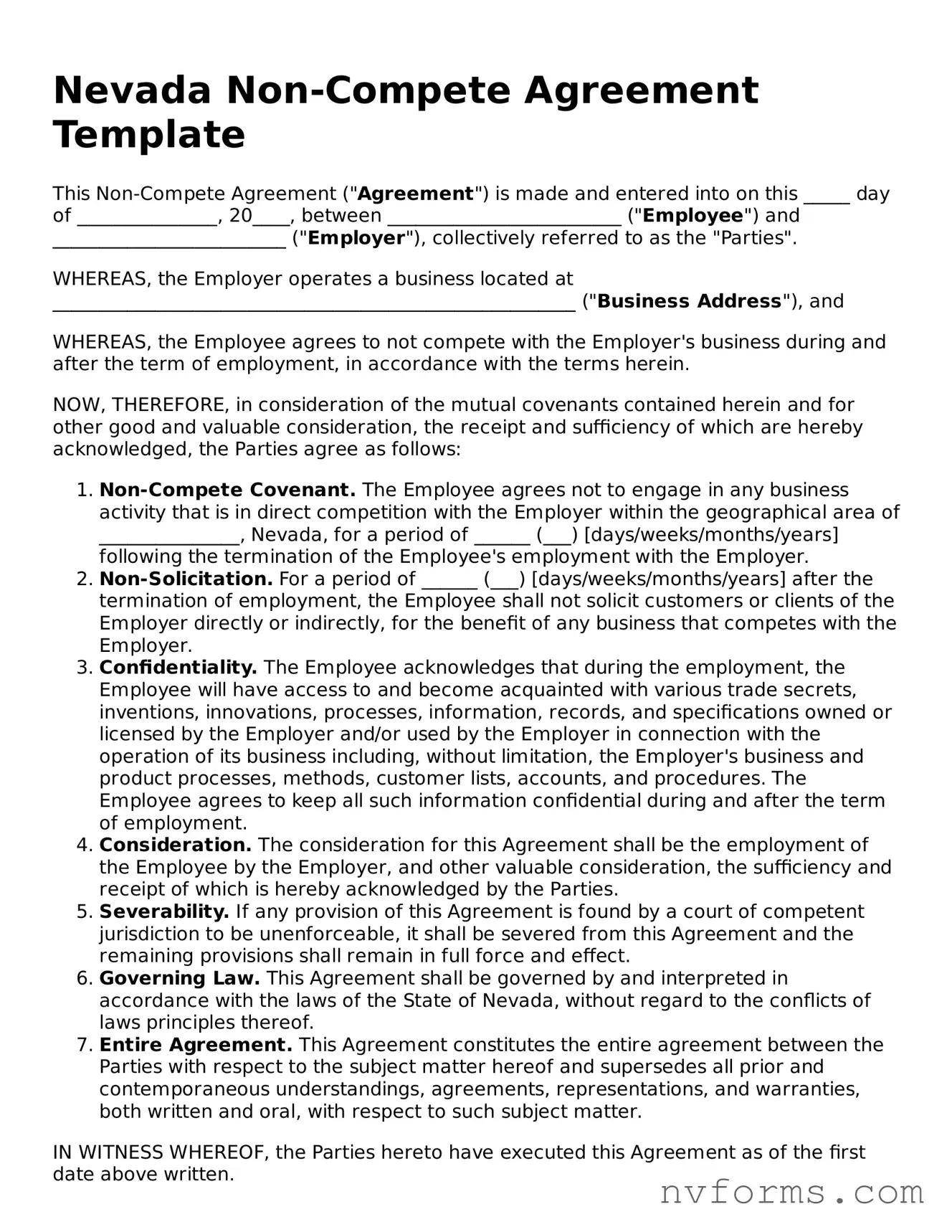 Free  Non-compete Agreement Form for Nevada