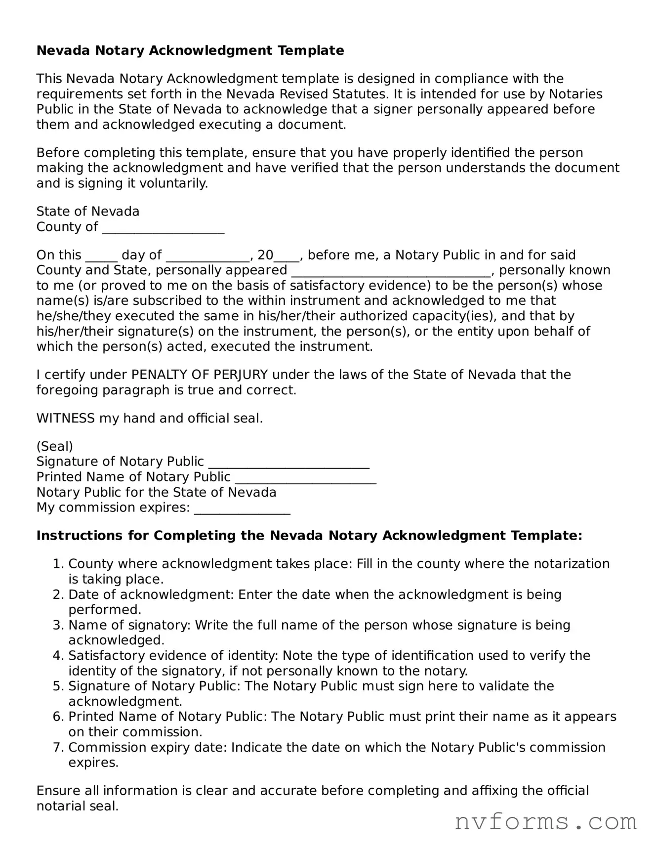 Free  Notary Acknowledgement Form for Nevada