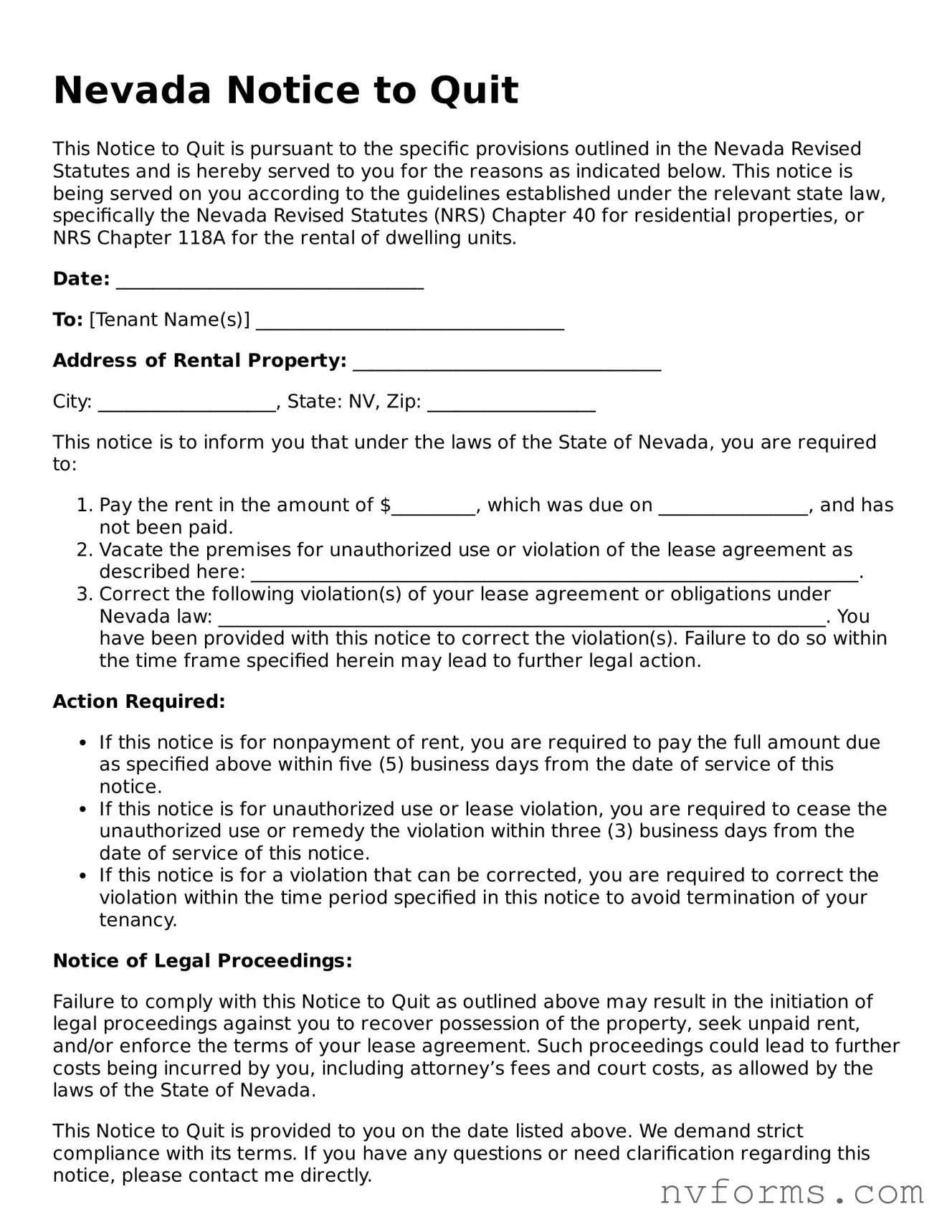 Free  Notice to Quit Form for Nevada