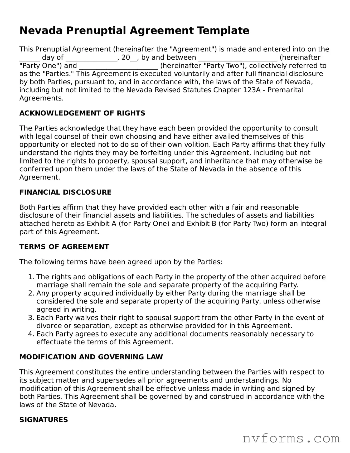 Free  Prenuptial Agreement Form for Nevada