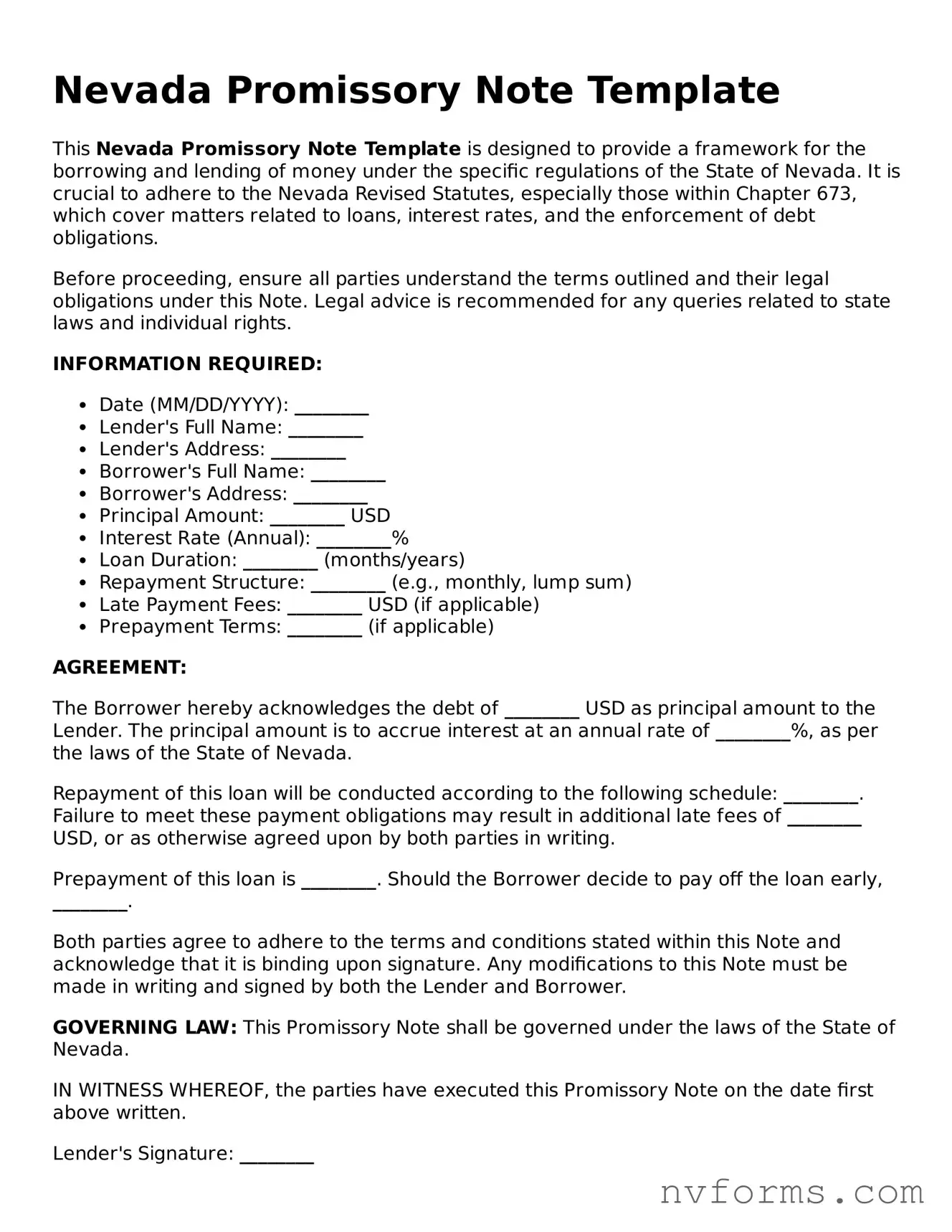 Free  Promissory Note Form for Nevada
