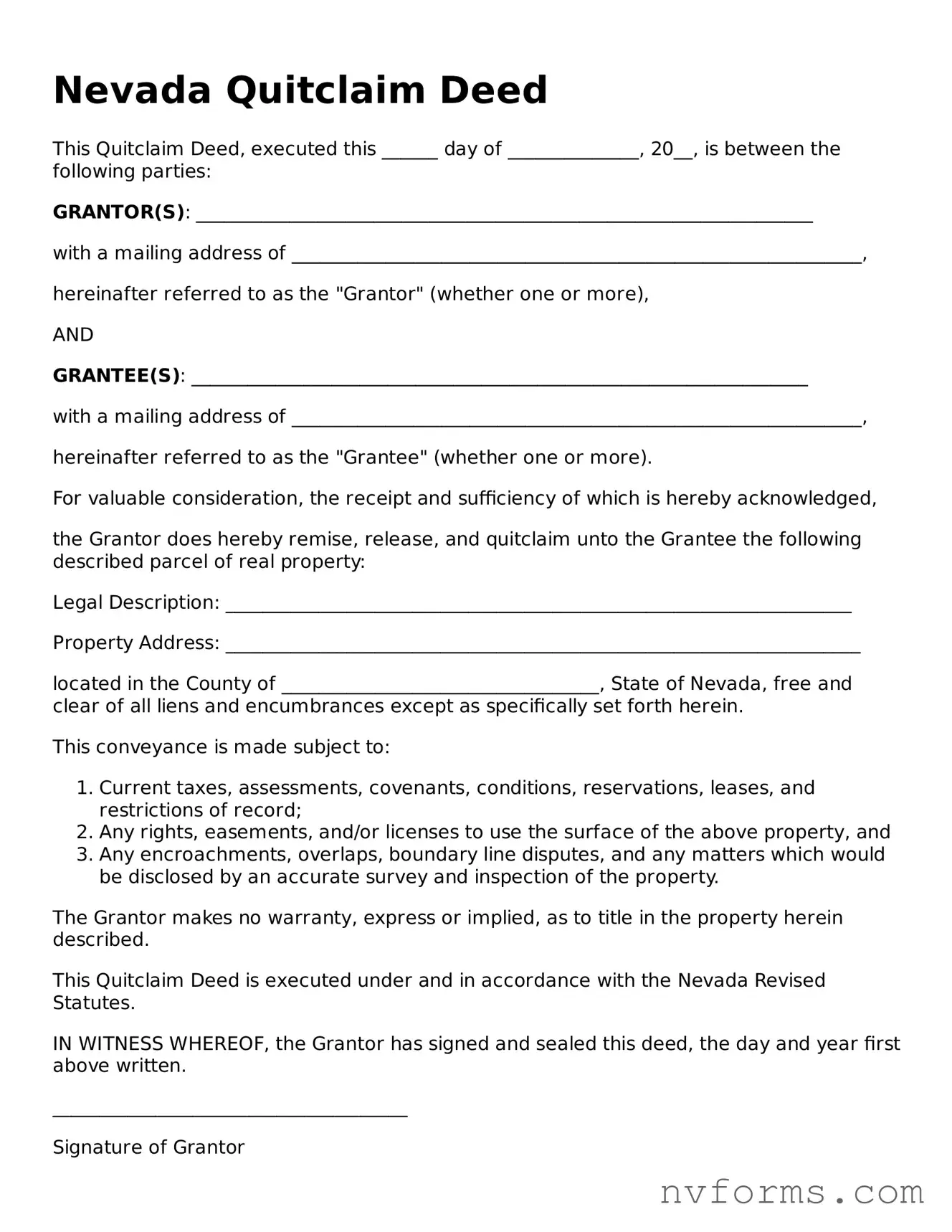 Free  Quitclaim Deed Form for Nevada