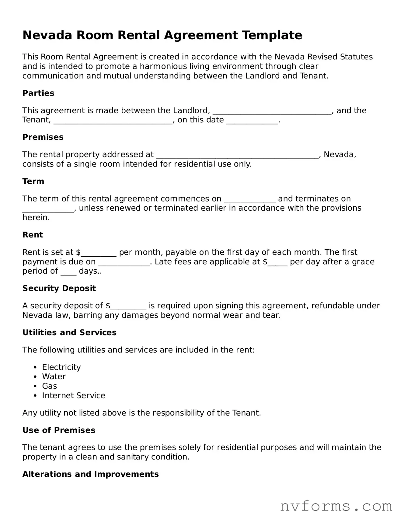 Free  Room Rental Agreement Form for Nevada