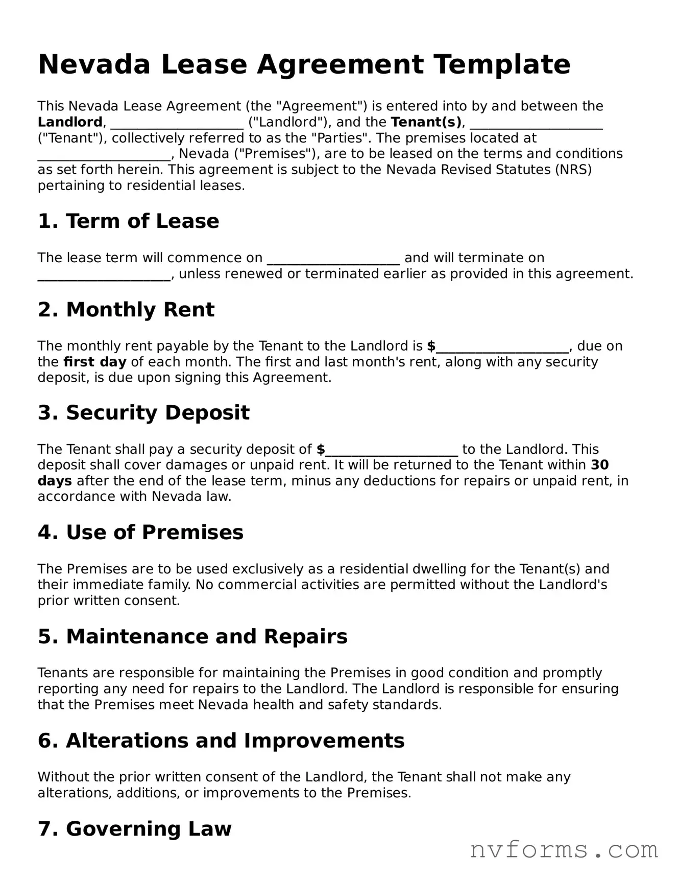 Free  Lease Agreement Form for Nevada