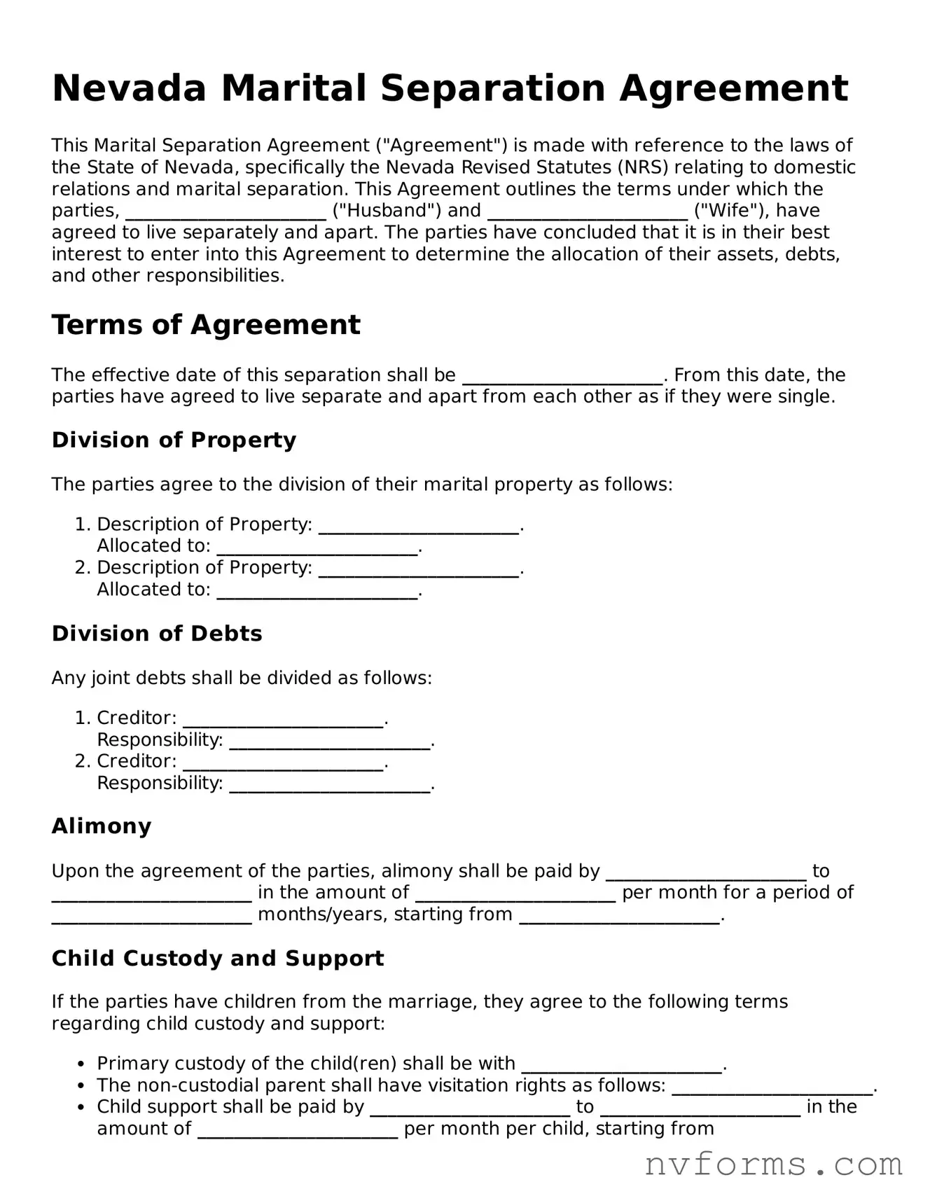 Free  Marital Separation Agreement Form for Nevada