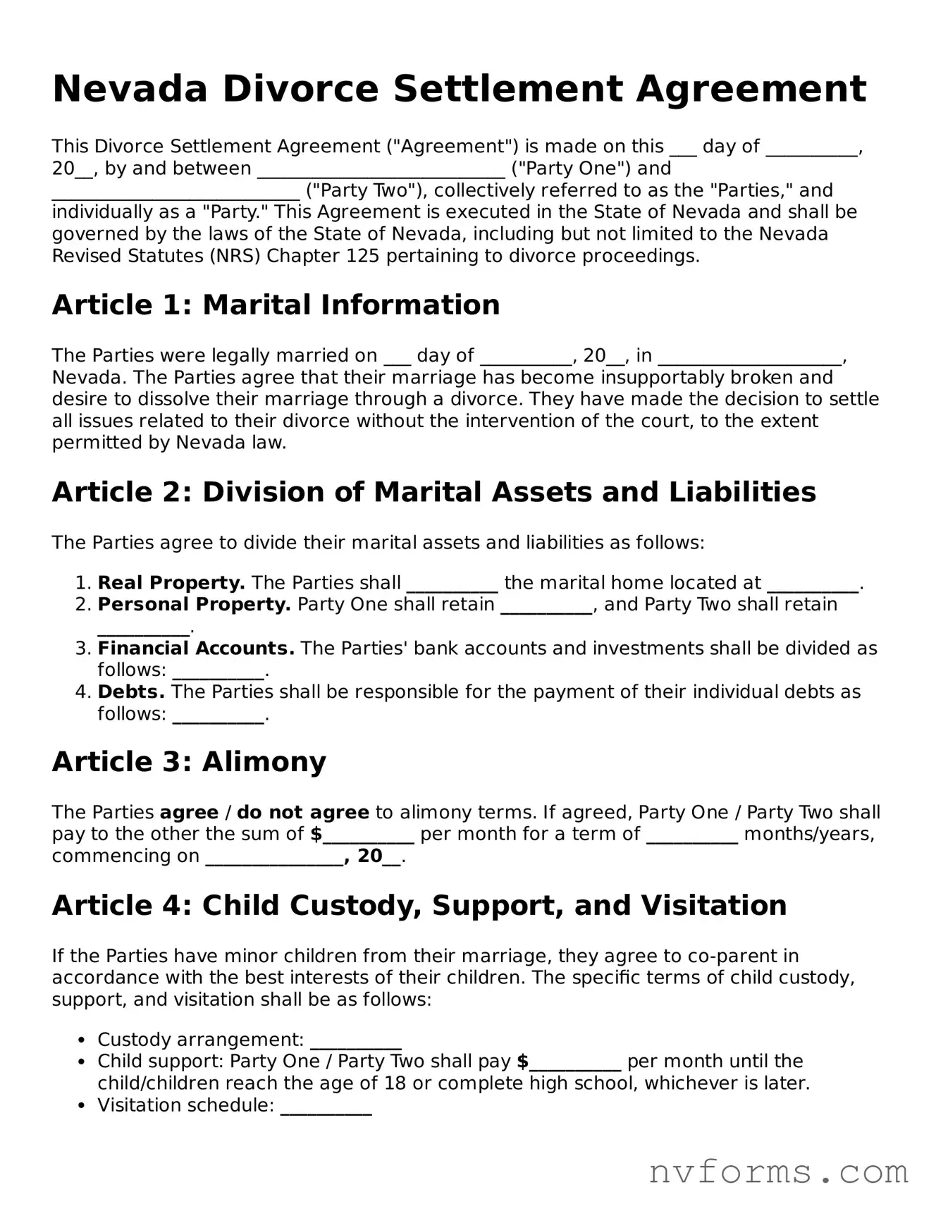 Free  Divorce Settlement Agreement Form for Nevada