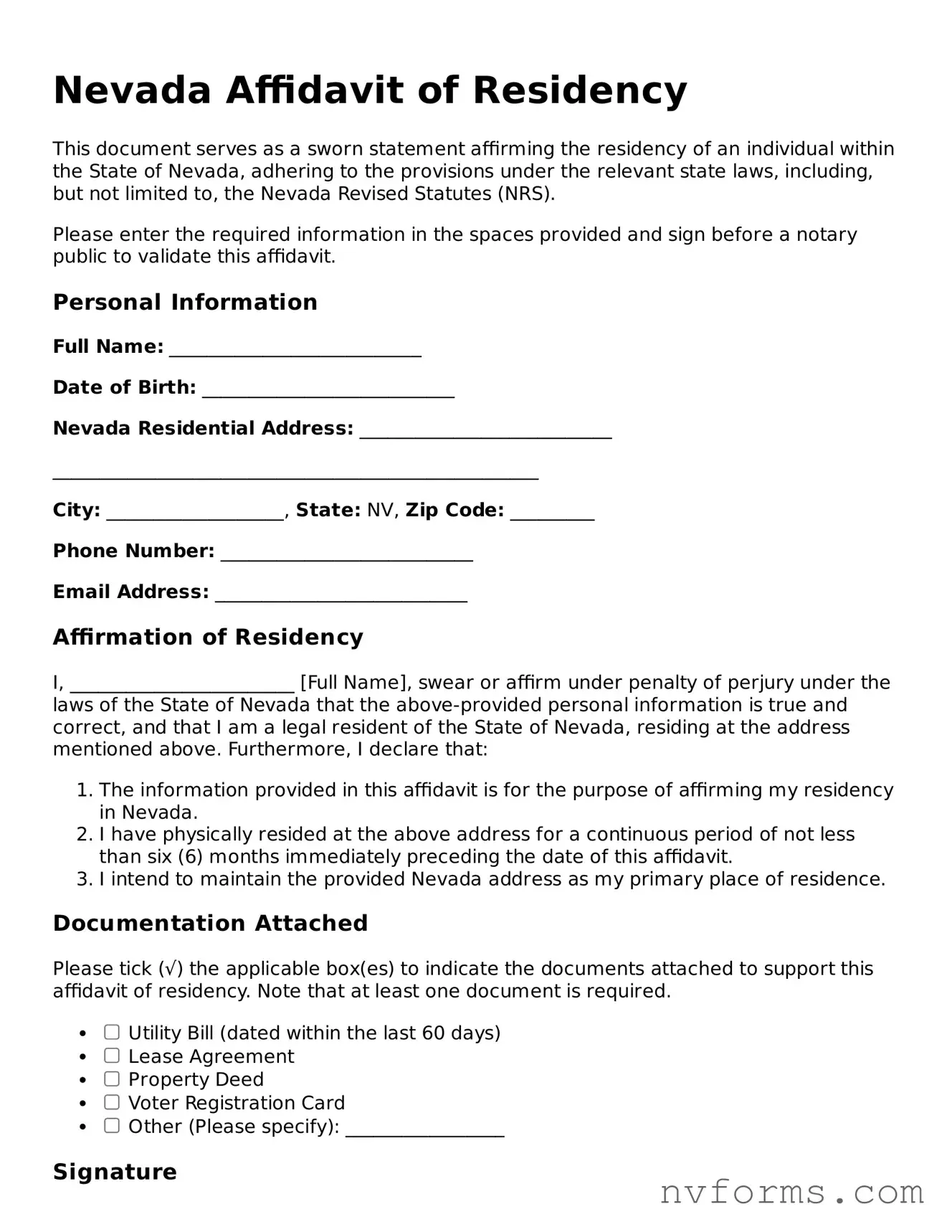 Free  Affidavit of Residency Form for Nevada