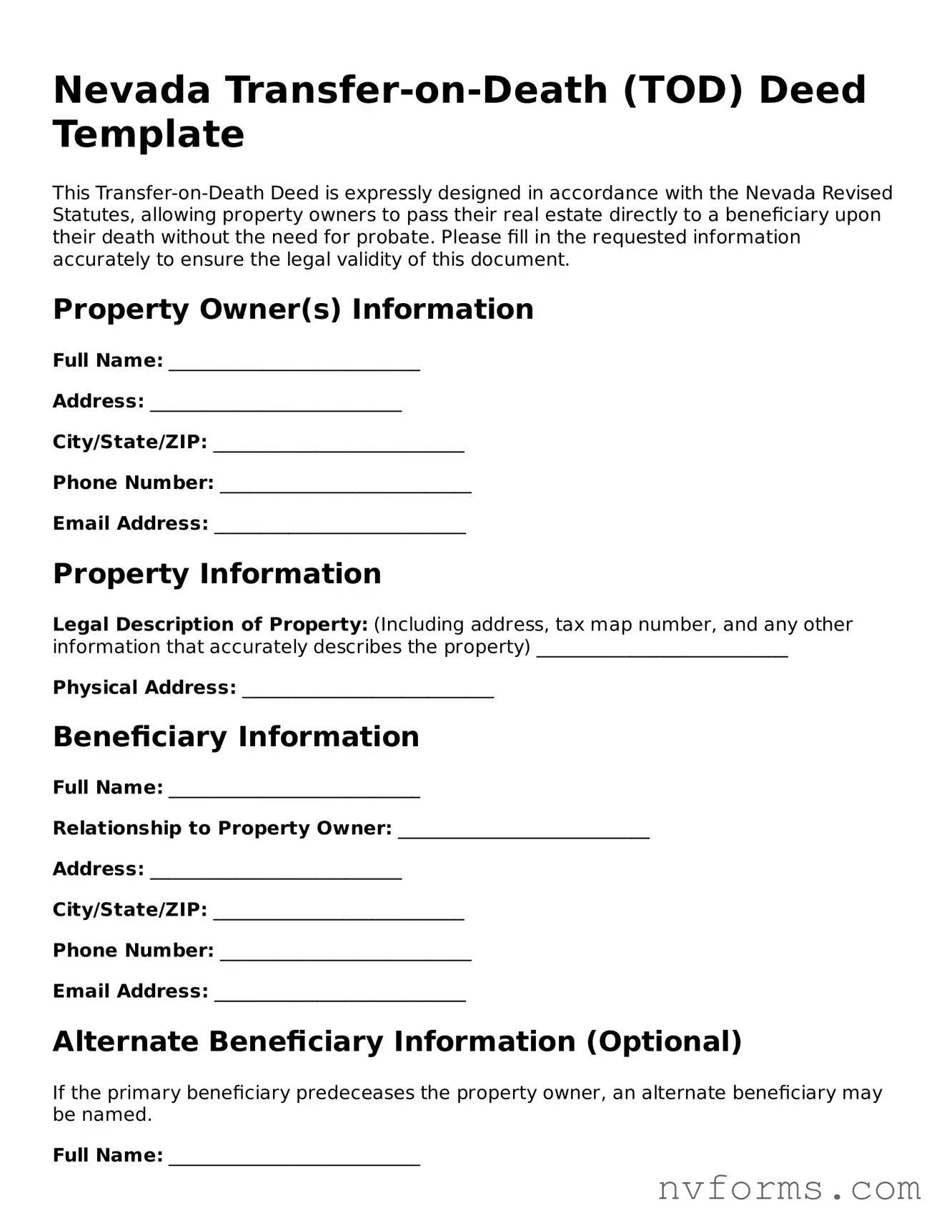Free  Transfer-on-Death Deed Form for Nevada
