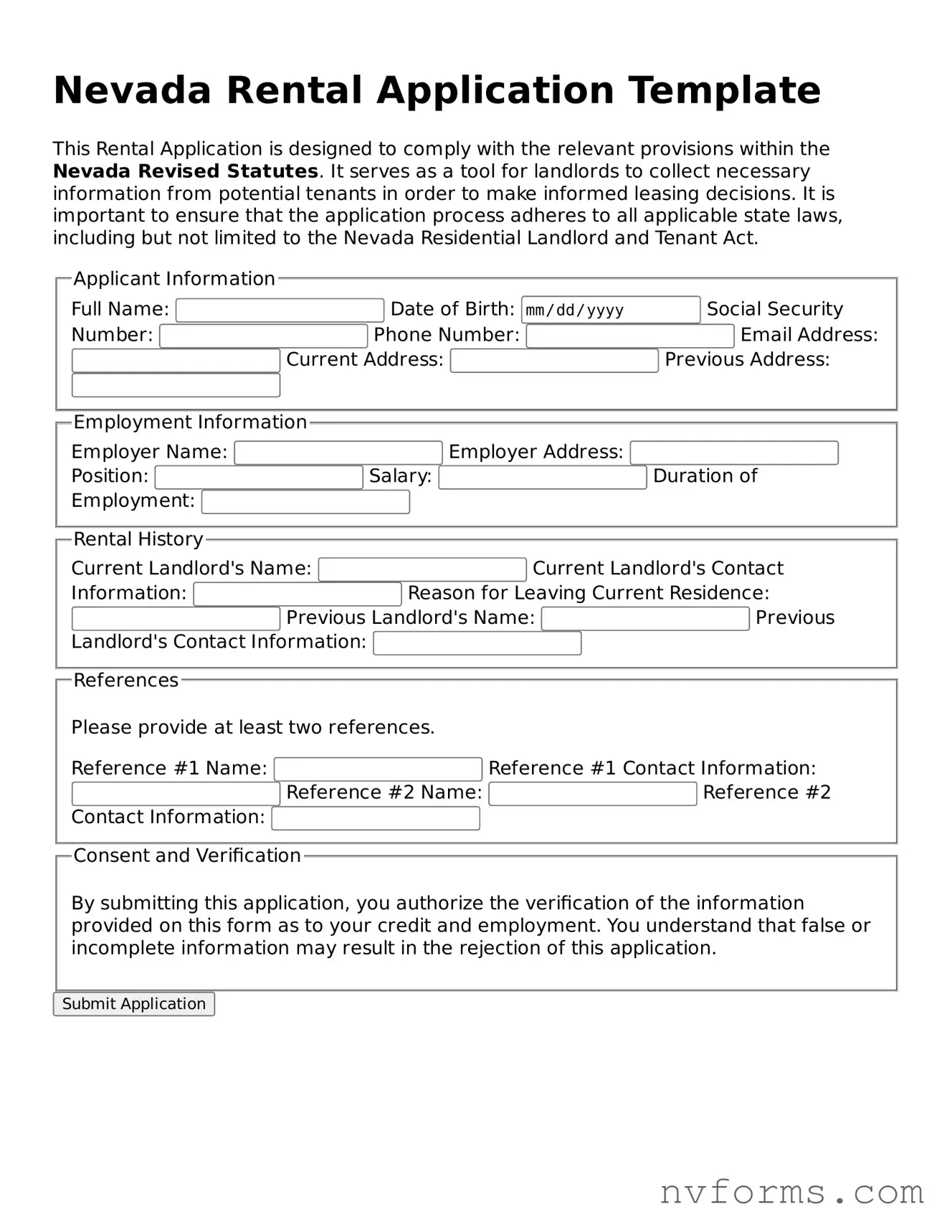 Free  Rental Application Form for Nevada