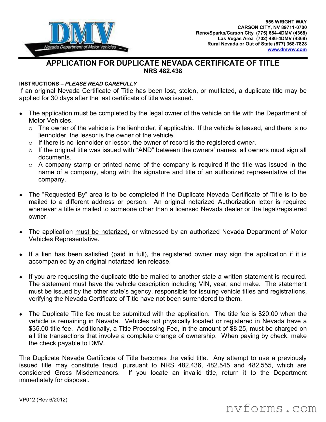Fill Out a Valid Nevada Vp012 Template