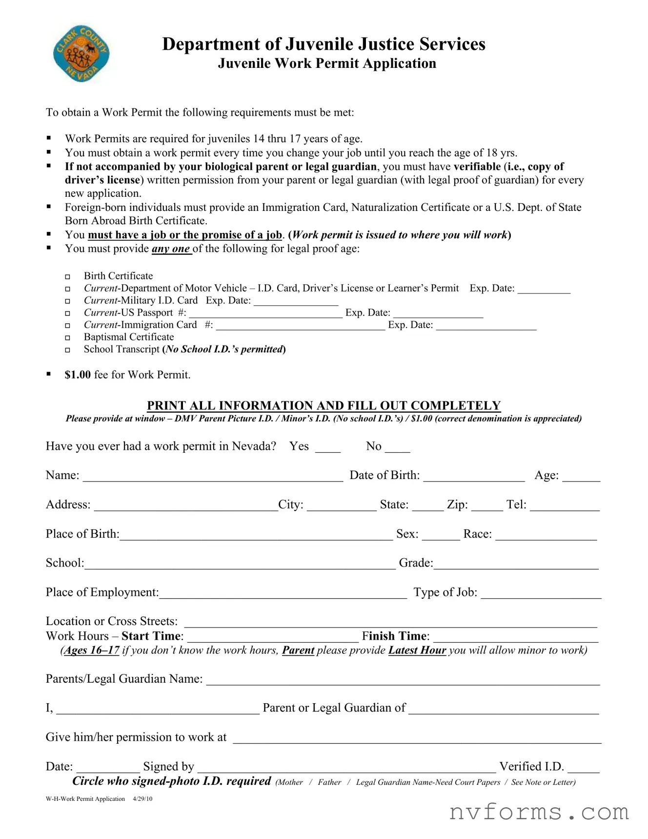 Fill Out a Valid Nevada Work Permit Application Template