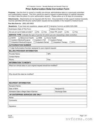 Fill Out a Valid Fa 29 Nevada Template