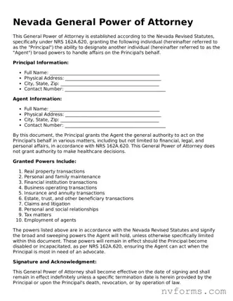 Free  General Power of Attorney Form for Nevada
