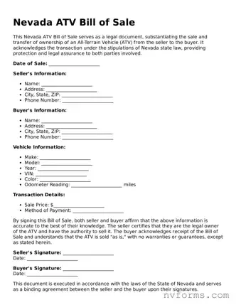 Free  ATV Bill of Sale Form for Nevada