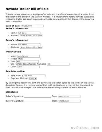Free  Trailer Bill of Sale Form for Nevada