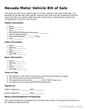 Free  Motor Vehicle Bill of Sale Form for Nevada