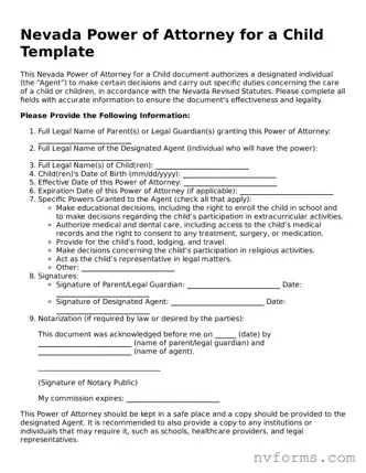 Free  Power of Attorney for a Child Form for Nevada