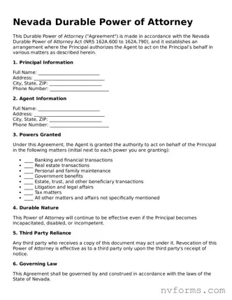 Free  Durable Power of Attorney Form for Nevada