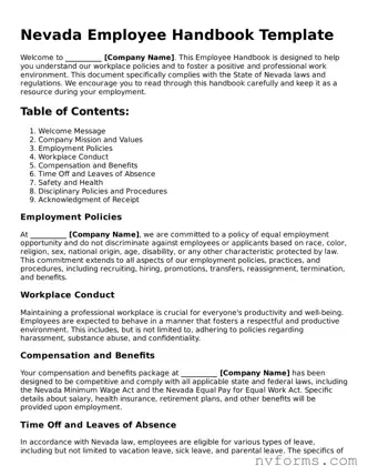 Free  Employee Handbook Form for Nevada