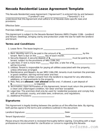 Free  Residential Lease Agreement Form for Nevada