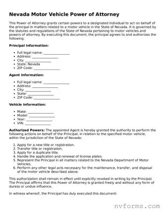 Free  Motor Vehicle Power of Attorney Form for Nevada